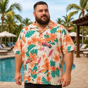 Hawaiian Mens Shirt KS Island flamingo Green Orange Floral Short Sleeve 4X
